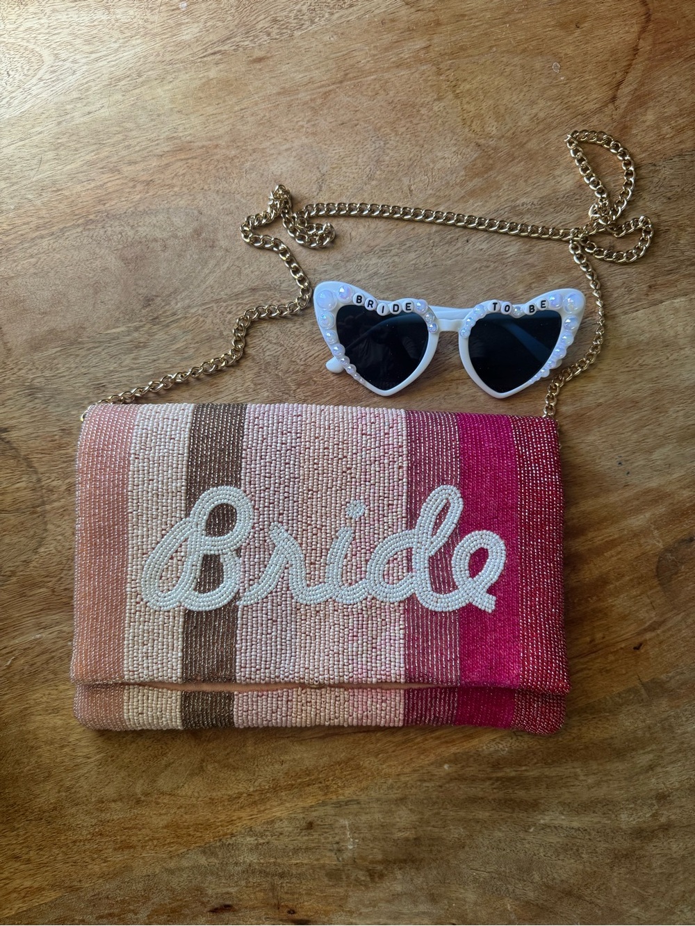 Beaded 'Bride' Ombre Stripe Clutch in Pink and Coral